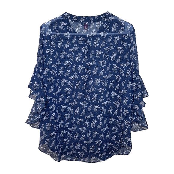 Vince Camuto Women Blue White Floral Print Blouse Sheer See Through Size PM - Picture 9 of 11